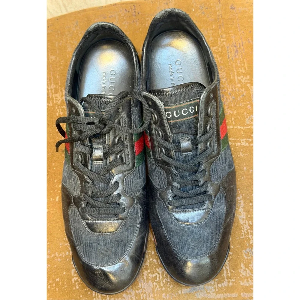 Gucci Mens 231715 GG Supreme Web Stripe Black Leather Low Top Sneakers 9.5 G